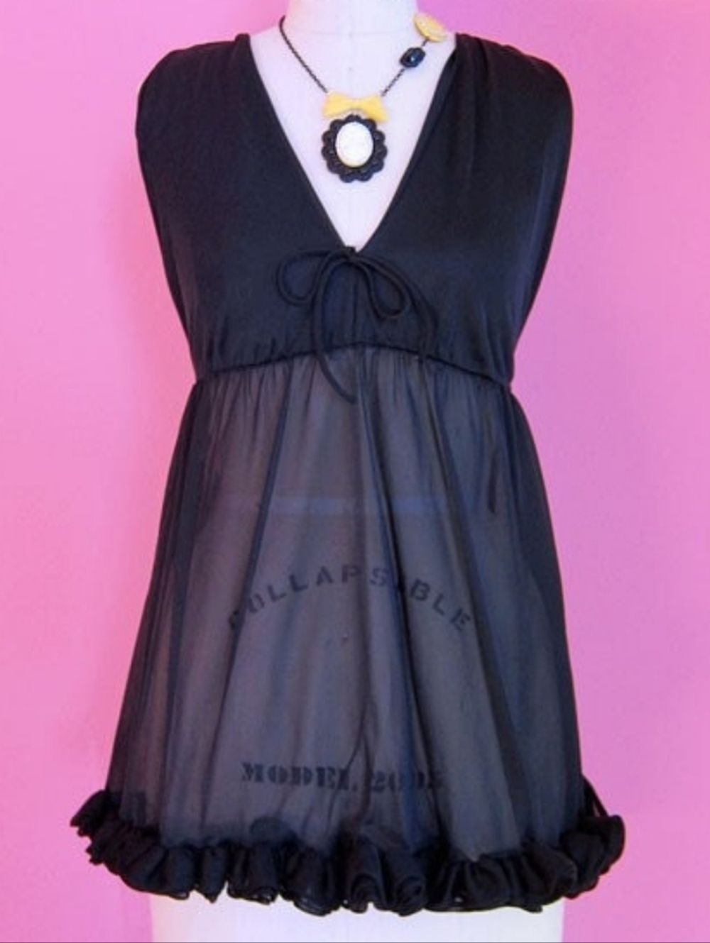 Vintage 50s Black Ruffle Babydoll Top Lolita Camisole -Large